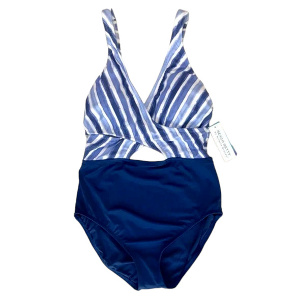 Beach Betty by Miracle Brands Blue White Striped Crossover Keyhole Swimsuit Sz L - Picture 3 of 3